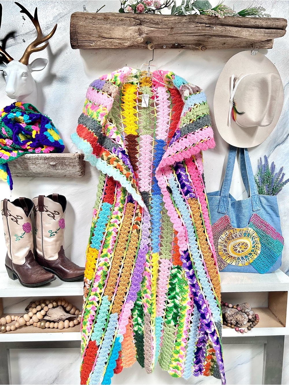 RARE Artisan patchwork Duster Granny knit vest cottagecore hippy YTK retro vibe